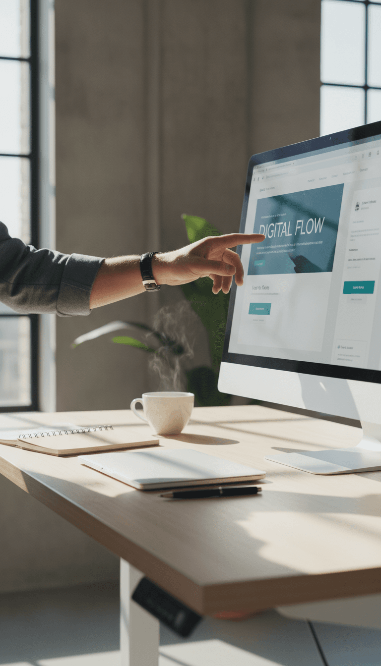 Designer pointing to a responsive website design on monitor