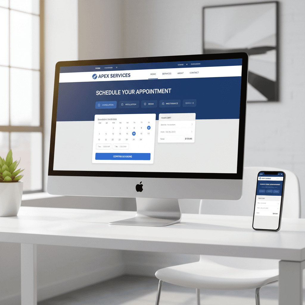 Service business website displayed on a monitor showing booking features in a bright office